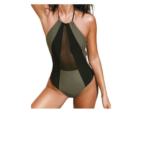 Shein green and black color block one piece with center mesh swimsuit size L - Picture 1 of 13